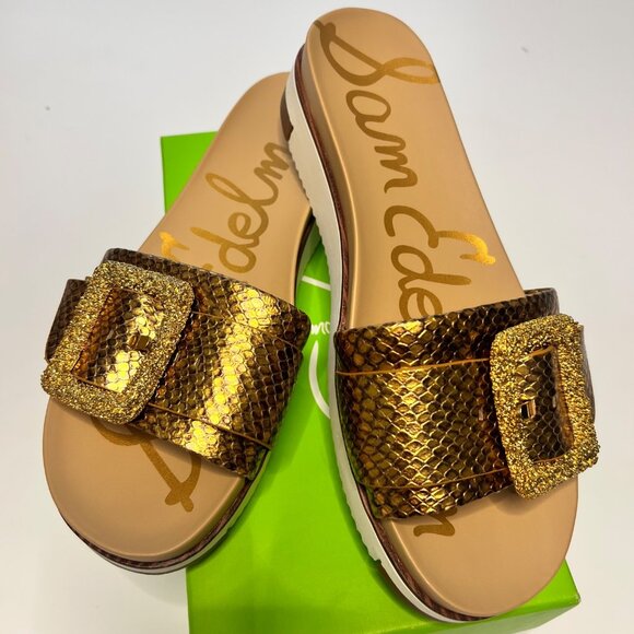 Sam Edelman Ariane 2 Platform Sandals Leather Golden Snake Slides Women Size 8 - Picture 1 of 10